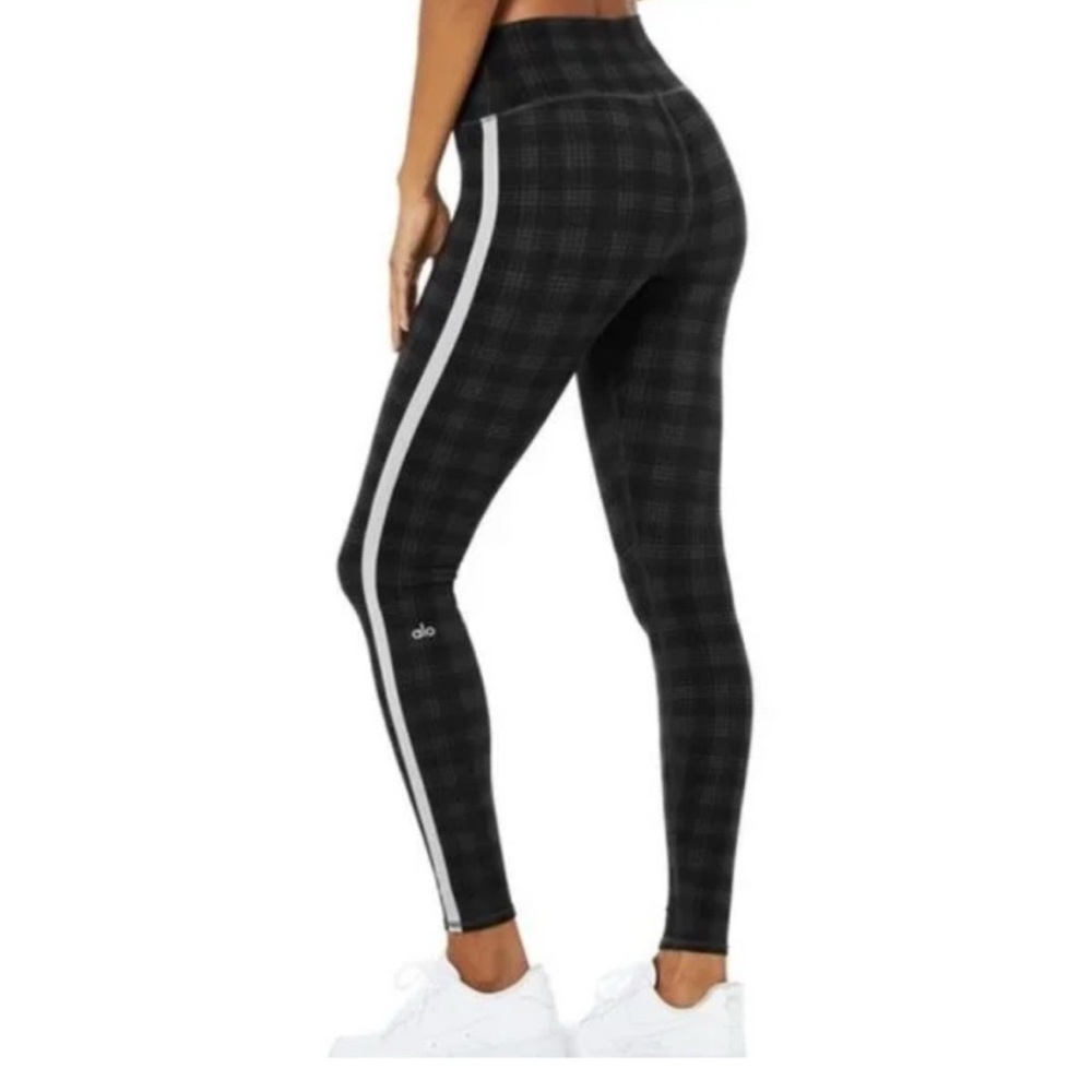 ALO Yoga Black Checkered Leggings with White Stripes